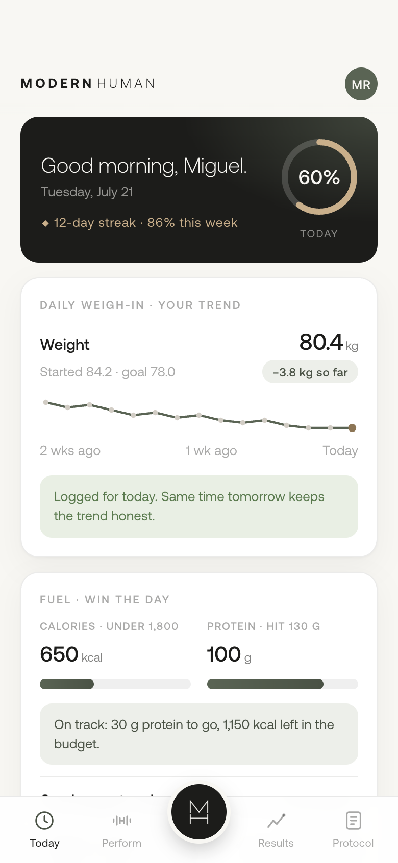 The Today screen of the Modern Human app: daily progress, weigh-in trend, and nutrition targets (demo data)
